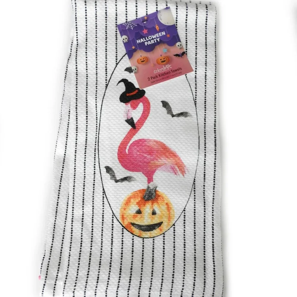 NWT Colordrift Halloween Flamingo Pumpkin Cotton Kitchen Towels Pack 2 Stripes